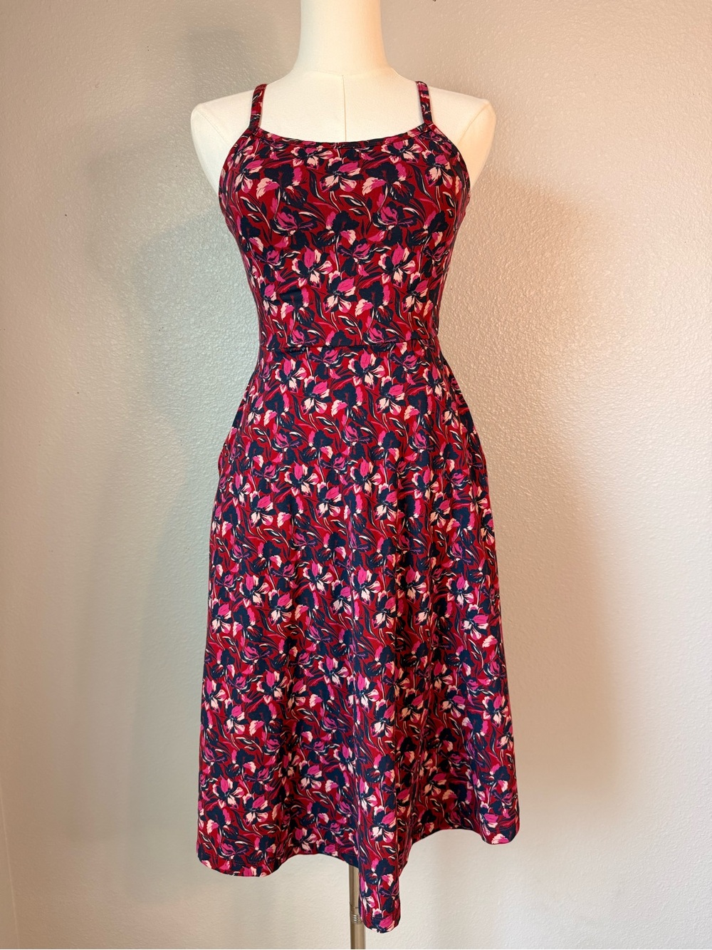 Pact Organic Cotton Floral Midi Dress XS Pink Red Fit & Flare Racerback